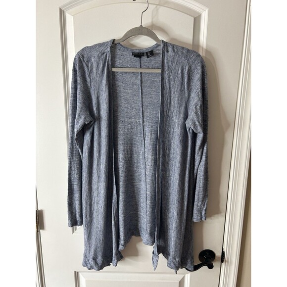 TAHARI Women's Size L 100% Linen Longline Cardigan Blue Open Front Beach Coastal - Picture 2 of 6
